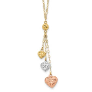 14k Tri-color Three Puffed Hearts 16 inch Lariat Necklace Plus 2 inch Extender - 0