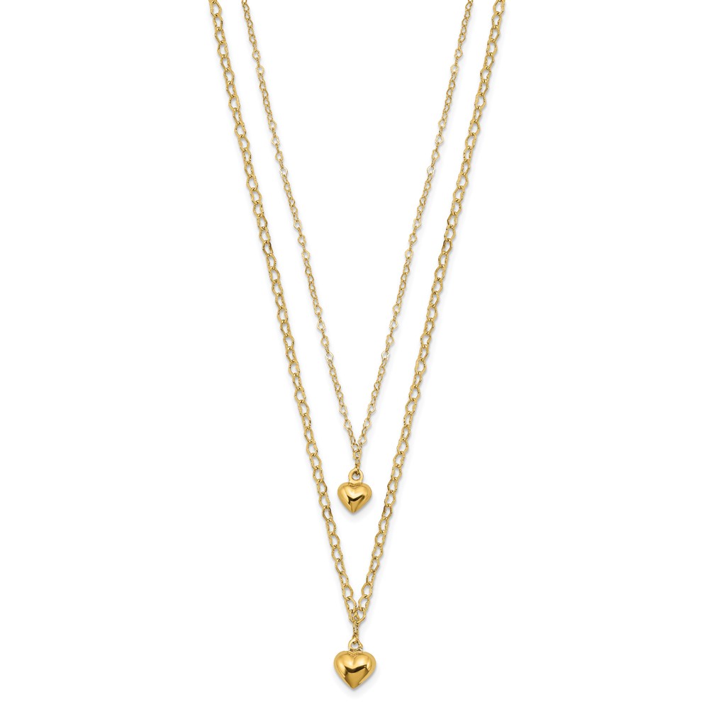 14K Double Layer Heart Link with Polished Puffed Hearts 16 inch Necklace Plus 2 inch Extender - 1