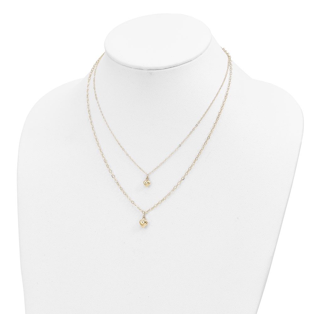 14K Double Layer Heart Link with Polished Puffed Hearts 16 inch Necklace Plus 2 inch Extender - 3
