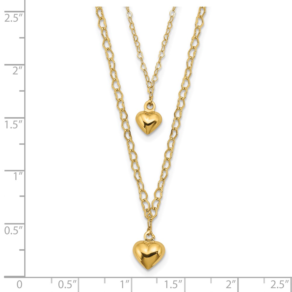 14K Double Layer Heart Link with Polished Puffed Hearts 16 inch Necklace Plus 2 inch Extender - 2