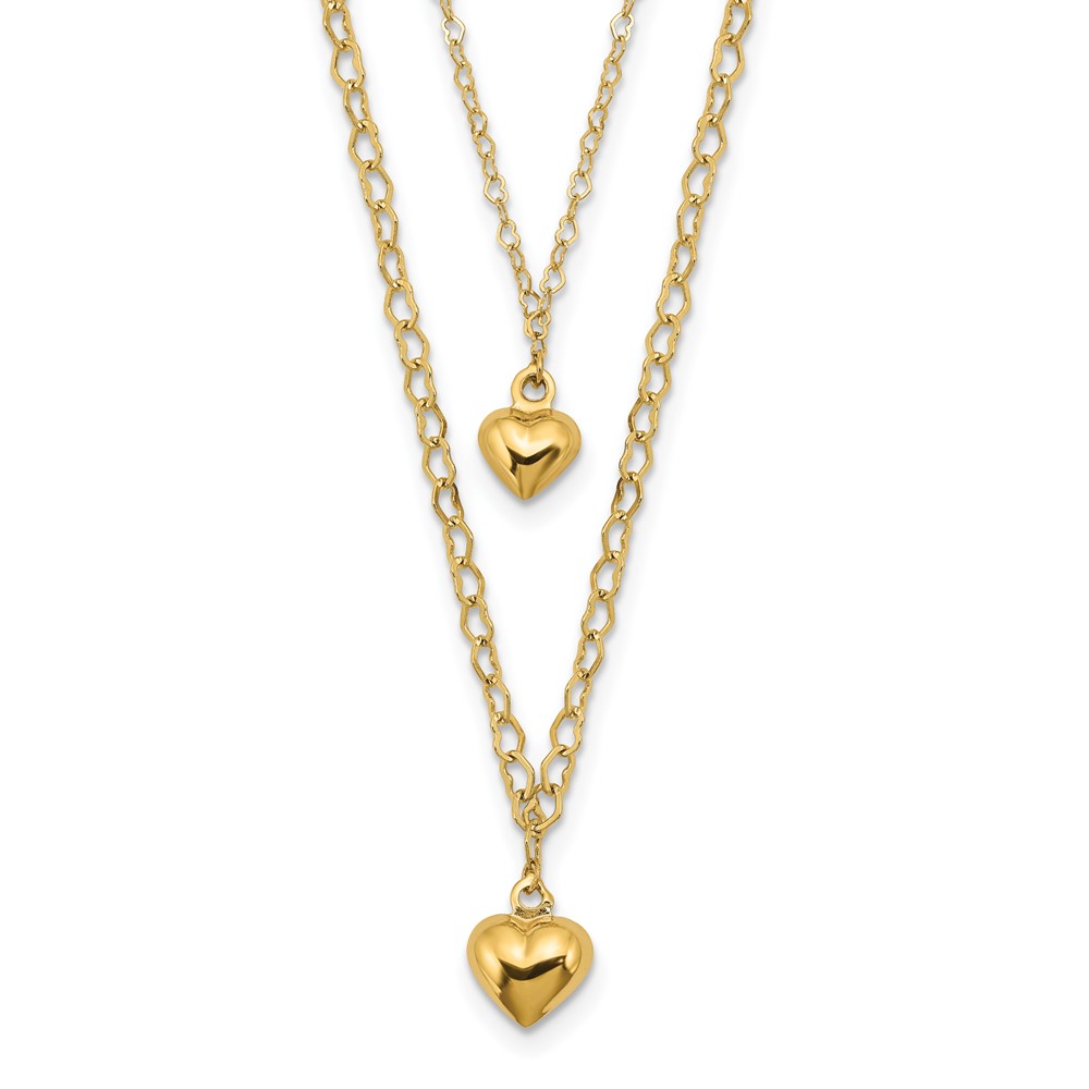 14K Double Layer Heart Link with Polished Puffed Hearts 16 inch Necklace Plus 2 inch Extender - 0