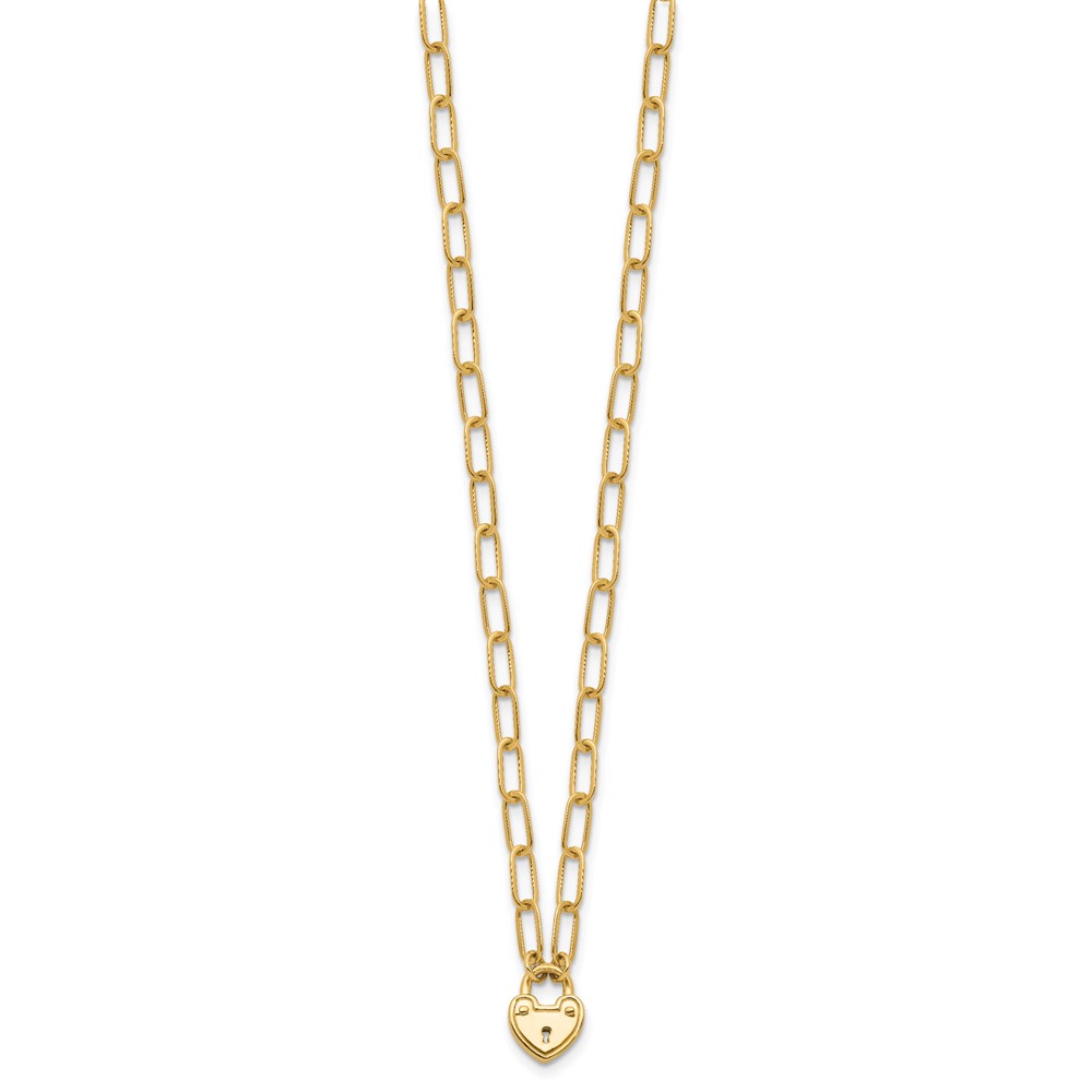 14K Polished Heart Lock Charm Paperclip Link 17.25 inch Necklace - 1