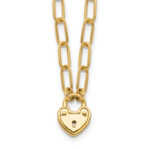 14K Polished Heart Lock Charm Paperclip Link 17.25 inch Necklace - 0