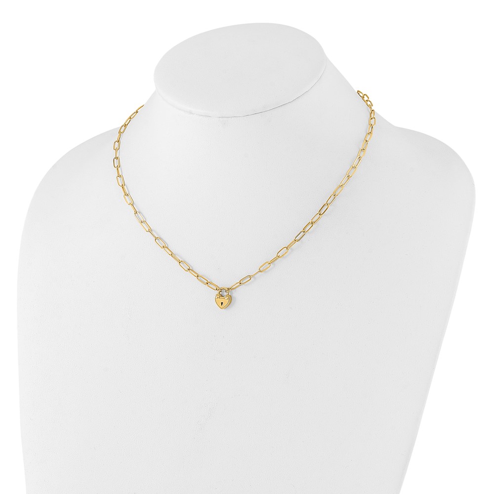14K Polished Heart Lock Charm Paperclip Link 17.25 inch Necklace - 2