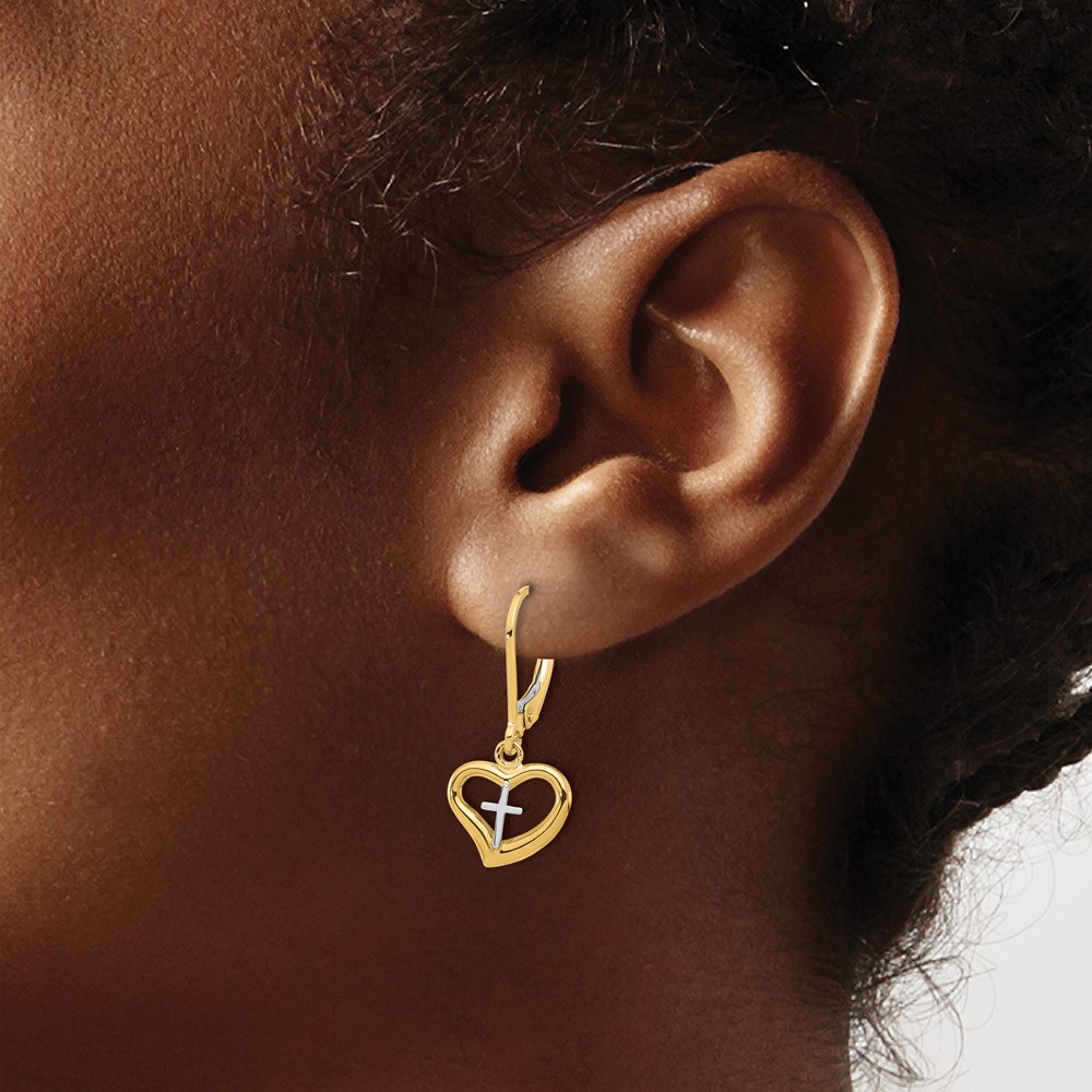14K Two-tone Polished Cross in Heart Leverback Dangle Earrings - 2