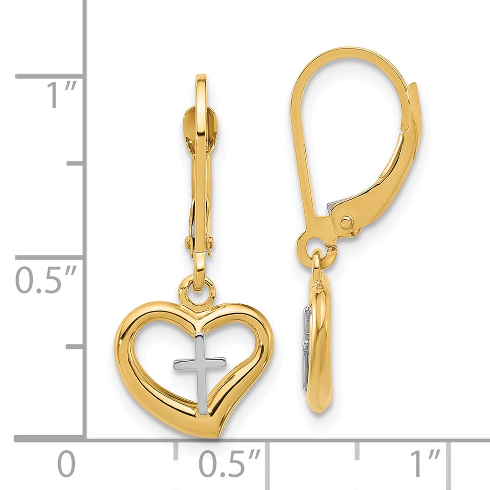 14K Two-tone Polished Cross in Heart Leverback Dangle Earrings - 3