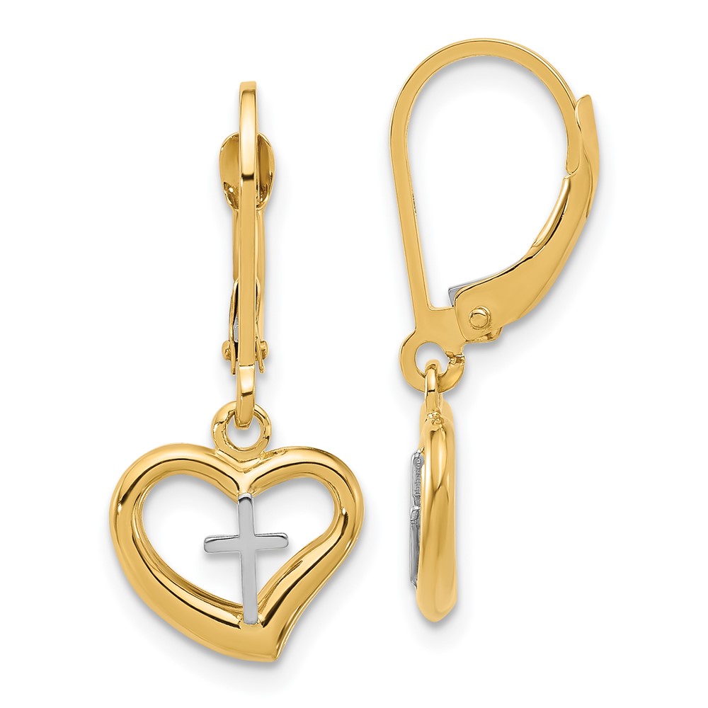 14K Two-tone Polished Cross in Heart Leverback Dangle Earrings - 0