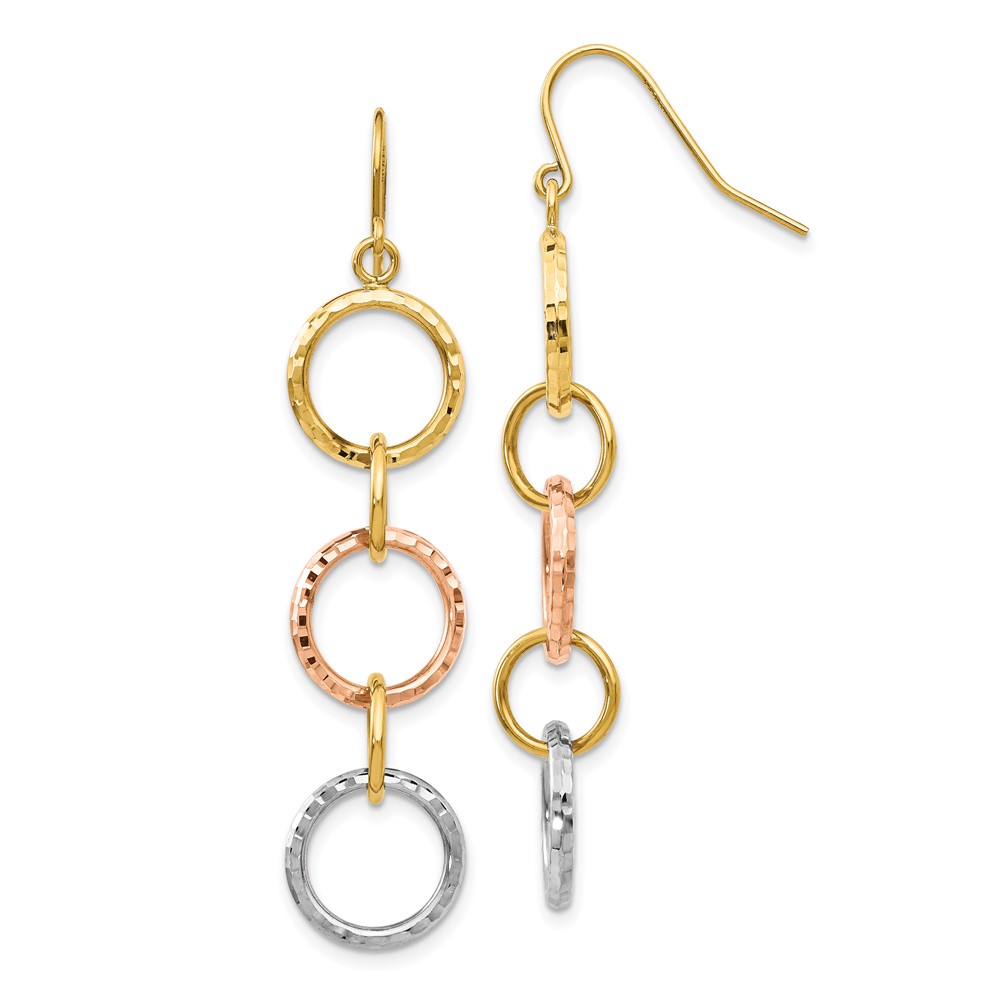 14k Tri-Color Diamond Cut Circle Dangle Earrings - 0
