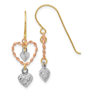 14k Tri-color Diamond Cut Heart Dangle Earrings - 0