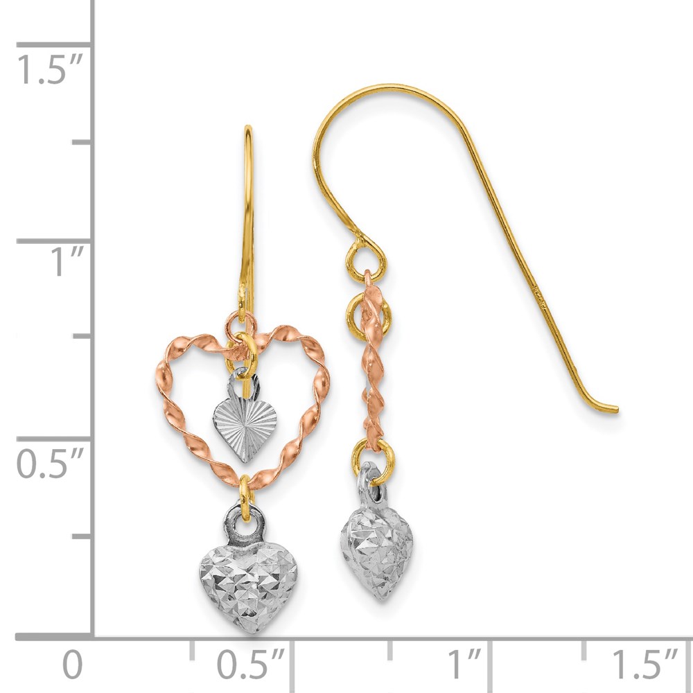 14k Tri-color Diamond Cut Heart Dangle Earrings - 3 14k Tri-color Diamond Cut Heart Dangle Earrings - 3