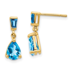 14k Pear/Baguette Blue Topaz Dangle Post Earrings - 0